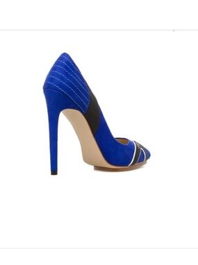 Shoe Dazzle Cobalt Blue Pointed-Toe Suede Pumps with Black and White Accents